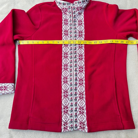 LL Bean Womens Red Fleece Jacket Nordic Fair Isle Print Full Zip Cozy Size Med - Picture 6 of 11